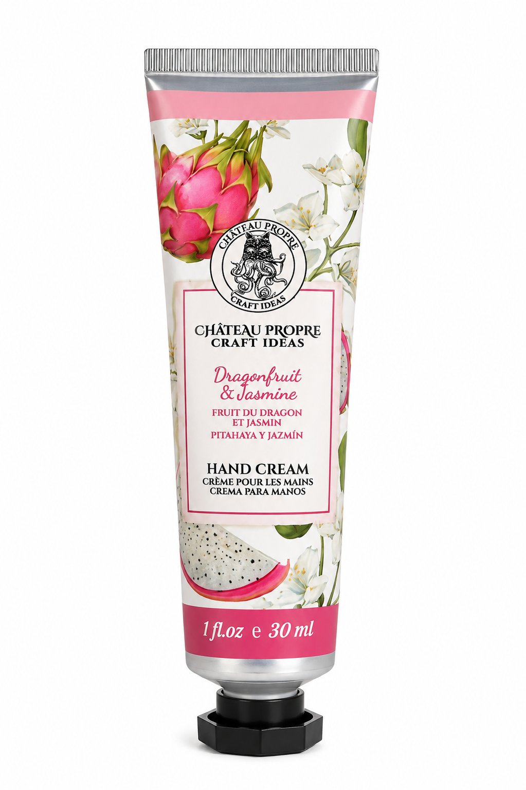 Château Propre Craft Ideas Dragonfruit & Jasmine Hand Cream in a 30 ml squeeze tube, featuring pink dragonfruit and white jasmine illustrations on a white background with a silver cap.