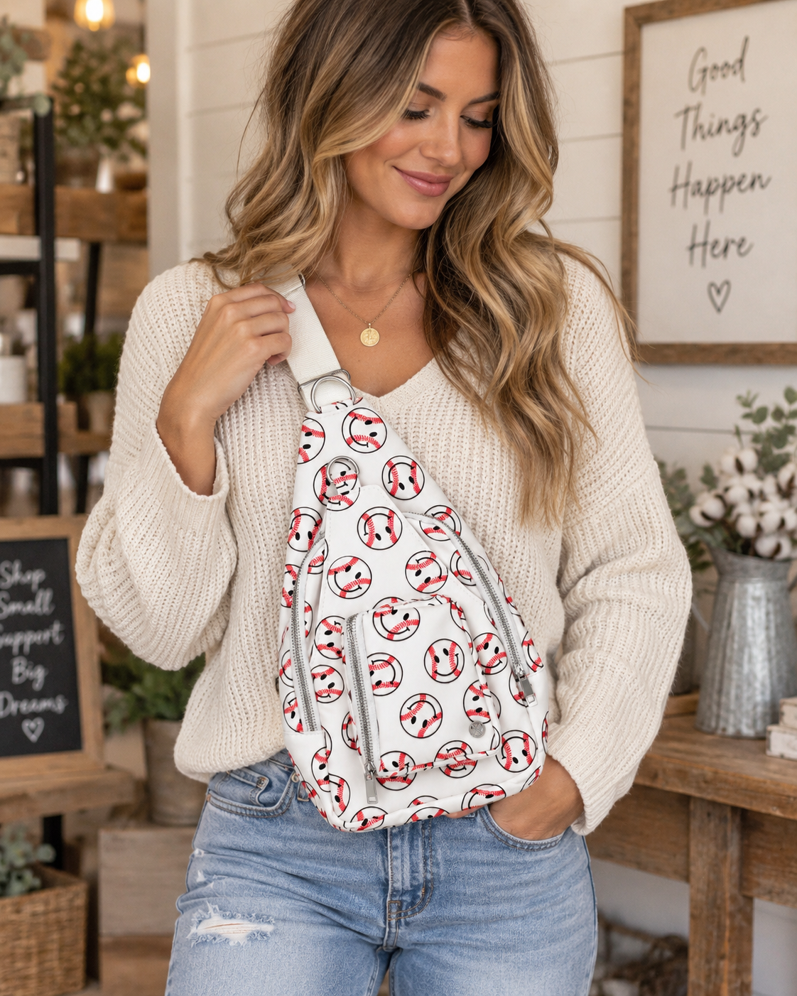 Woman wearing Baseball Smiley Sling Bag across body showing white all-over baseball smiley face print, two front silver zipper compartments, and wide flat cream adjustable strap with cream sweater and jeans in farmhouse boutique interior with Good Things Happen Here sign

