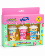 Angled view of the pink-and-mint mini wipes gift box showing three scented cups, decorative lids, and dangling drink and dessert charms
