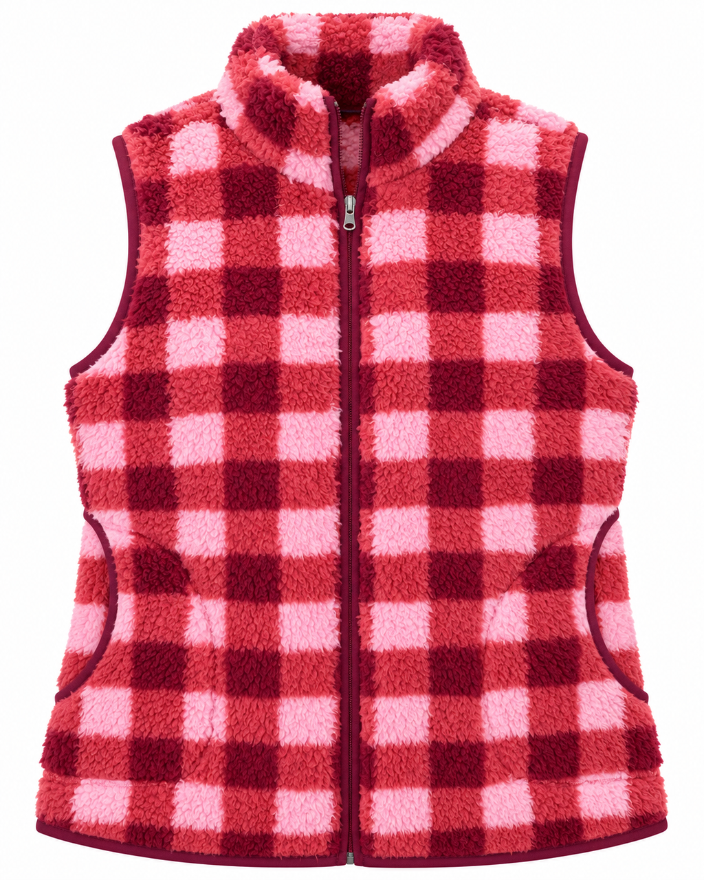 Front view of the pink plaid sherpa vest with a full zipper, stand-up collar, two side pockets, and burgundy trim
