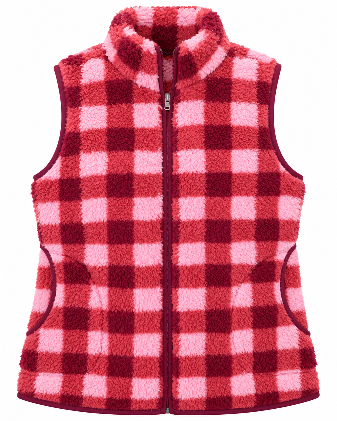 Front view of the pink plaid sherpa vest with a full zipper, stand-up collar, two side pockets, and burgundy trim
