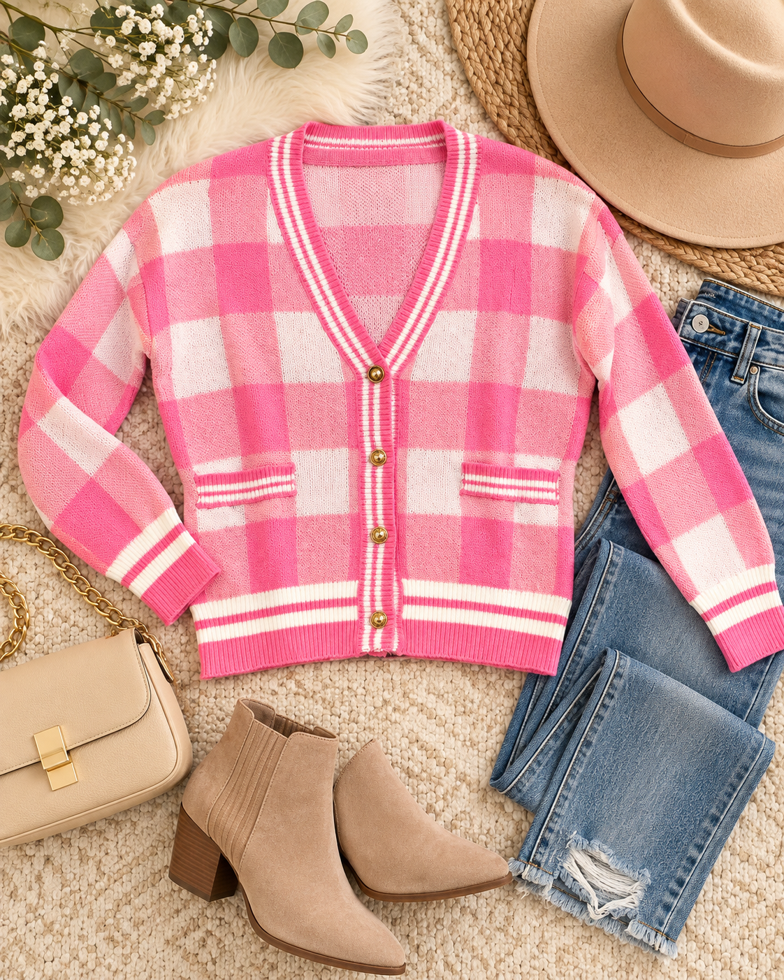 Pink Plaid Gold Button Knit Cardigan styled in flat lay with distressed jeans, tan block-heel ankle booties, cream structured chain-strap bag, beige fedora hat, and eucalyptus and baby's breath stems on cream textured blanket

