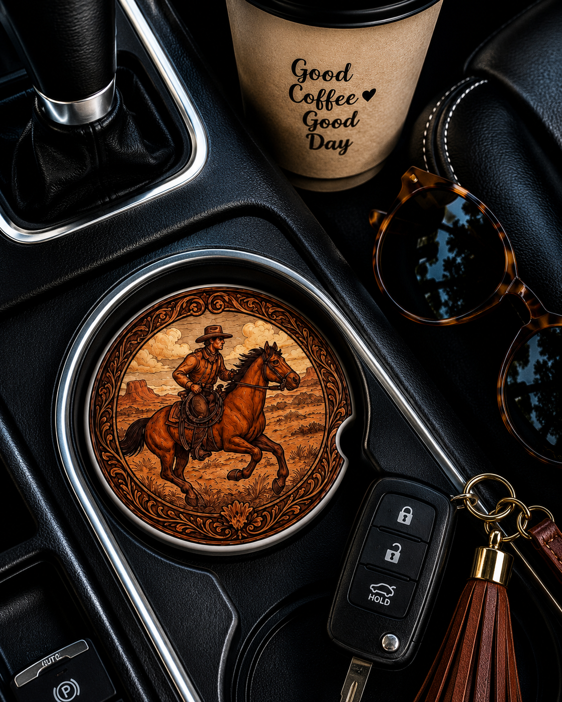 Cowboy Riding Horse ceramic car coaster in cup holder — tooled leather-style cowboy riding horse in desert design, shown in car console with coffee cup and sunglasses
