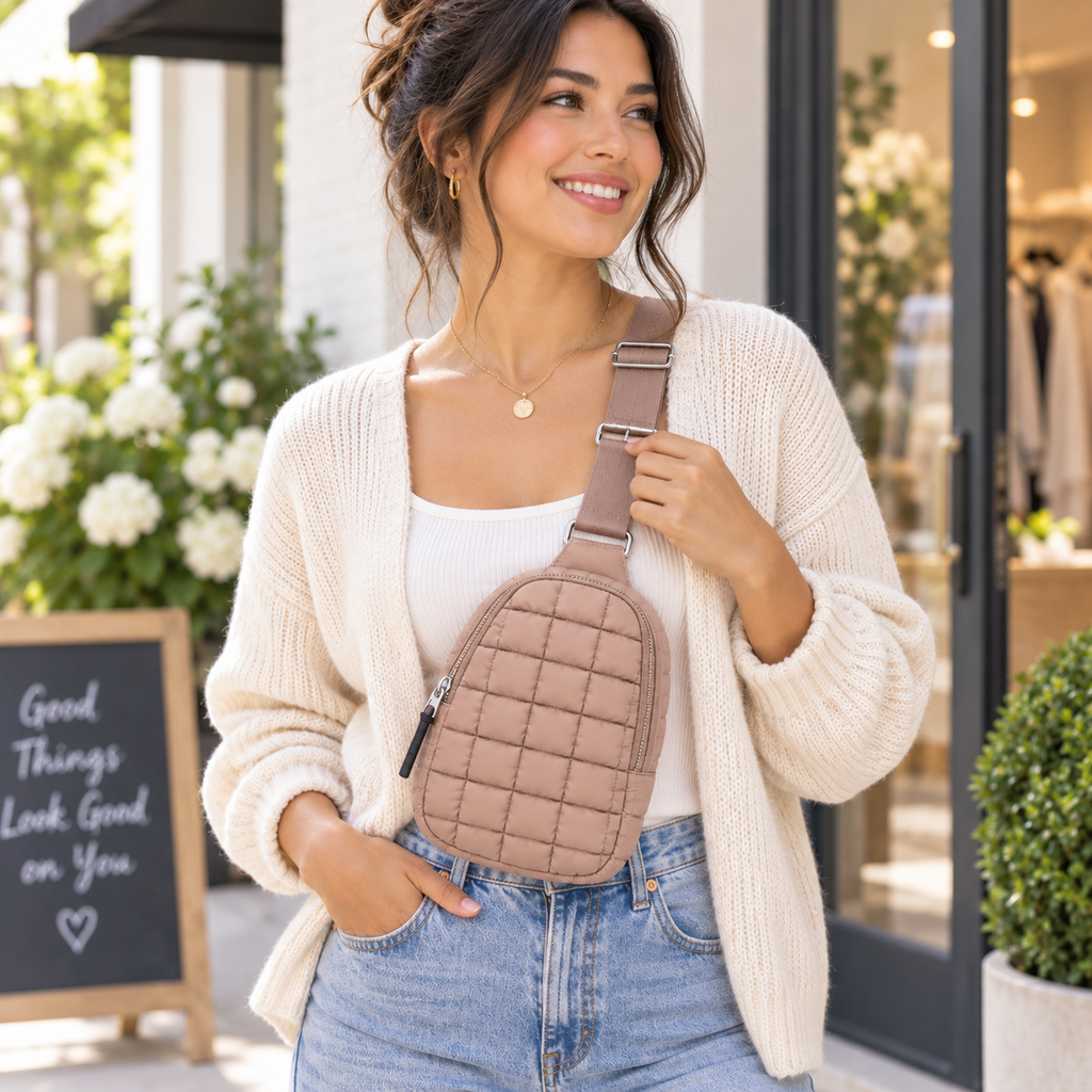 Smiling woman in cream knit cardigan and jeans wearing Taupe Quilted Sling Bag crossbody showing soft taupe grid-quilted puffer nylon and adjustable woven strap in front of bright boutique exterior with white hydrangeas and Good Things Look Good on You chalkboard sign
