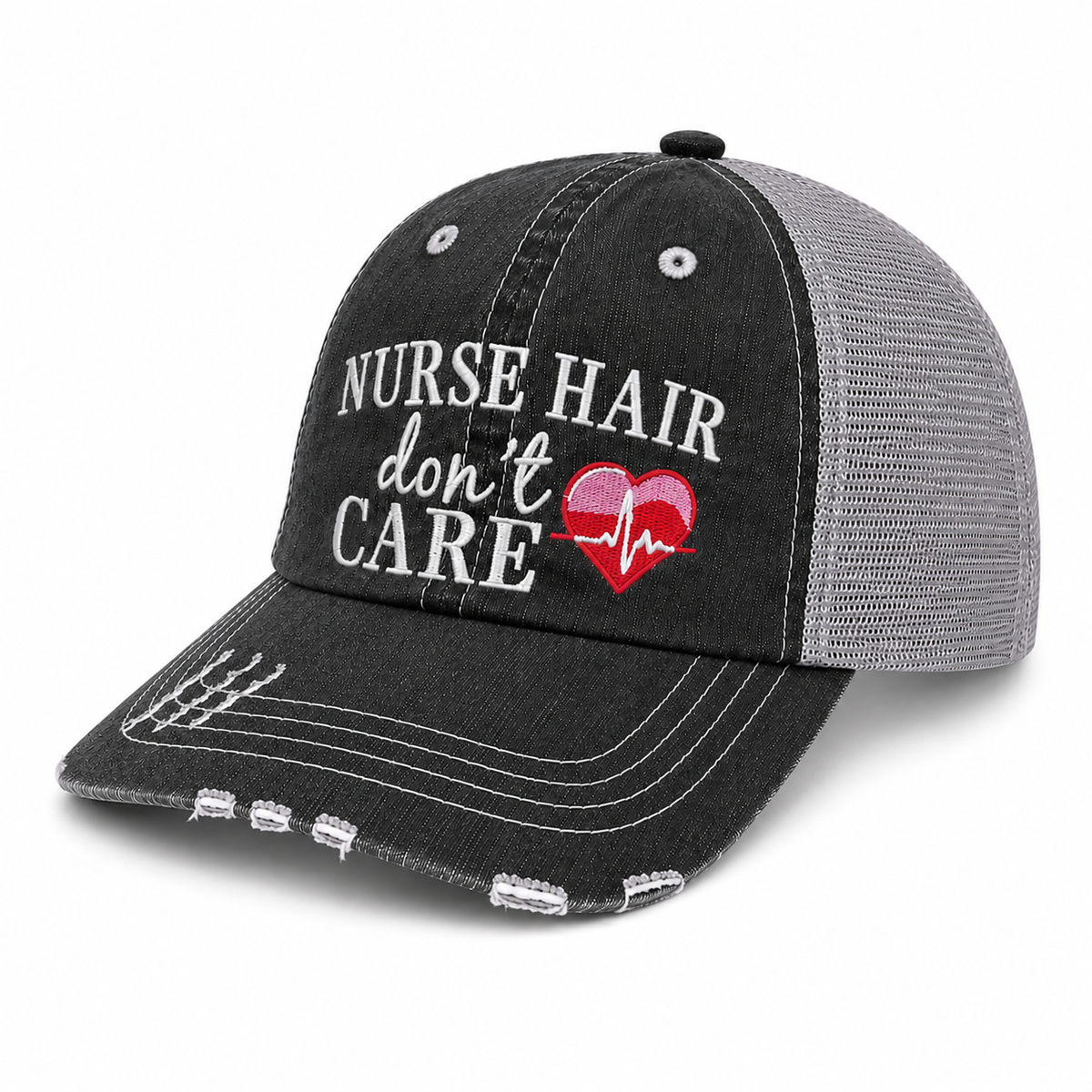 Side view of Nurse Hair Don't Care trucker hat showing distressed charcoal denim front, light gray mesh back, and embroidered heart EKG detail.