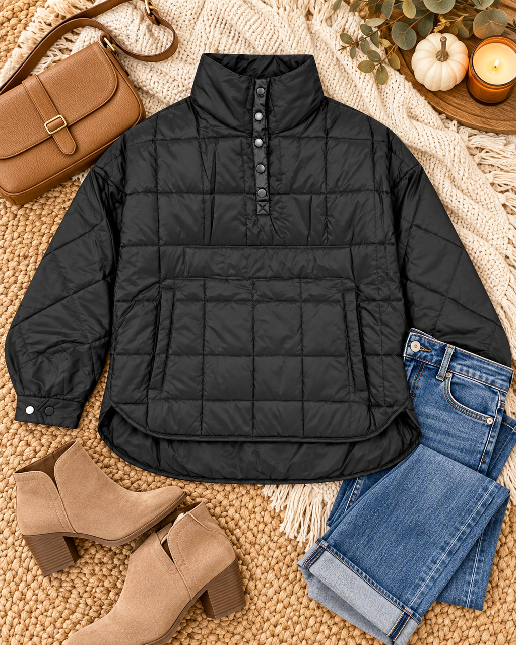 Black Quilted Puffer Pullover Jacket styled in flat lay on cream chunky knit throw on jute rug with folded blue jeans, tan suede block-heel ankle booties, tan leather saddle crossbody bag, mini white pumpkin, amber glass candle on wood disc, and eucalyptus sprigs
