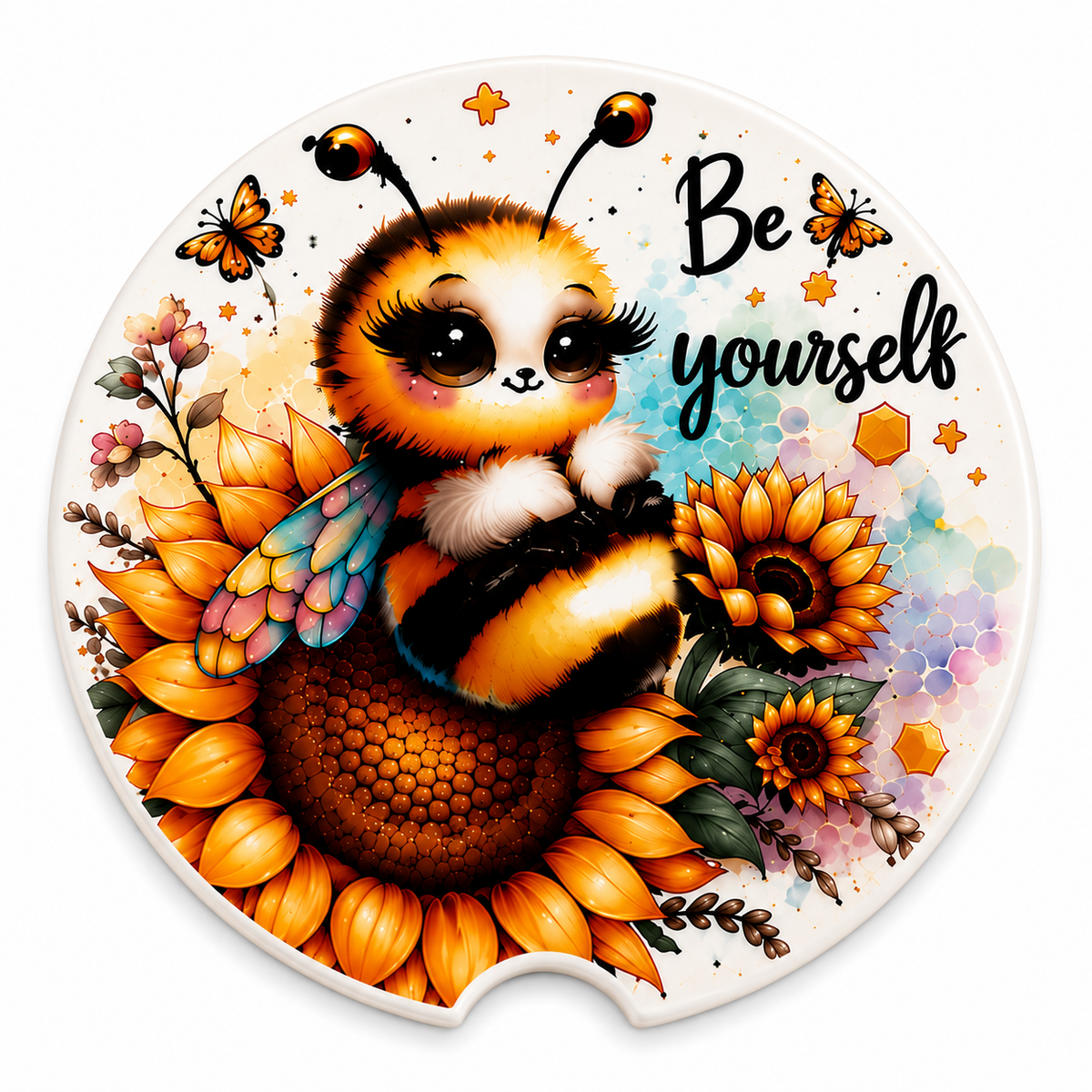 Close-up of Be Yourself ceramic car coaster with cute bee and sunflower design on white background
