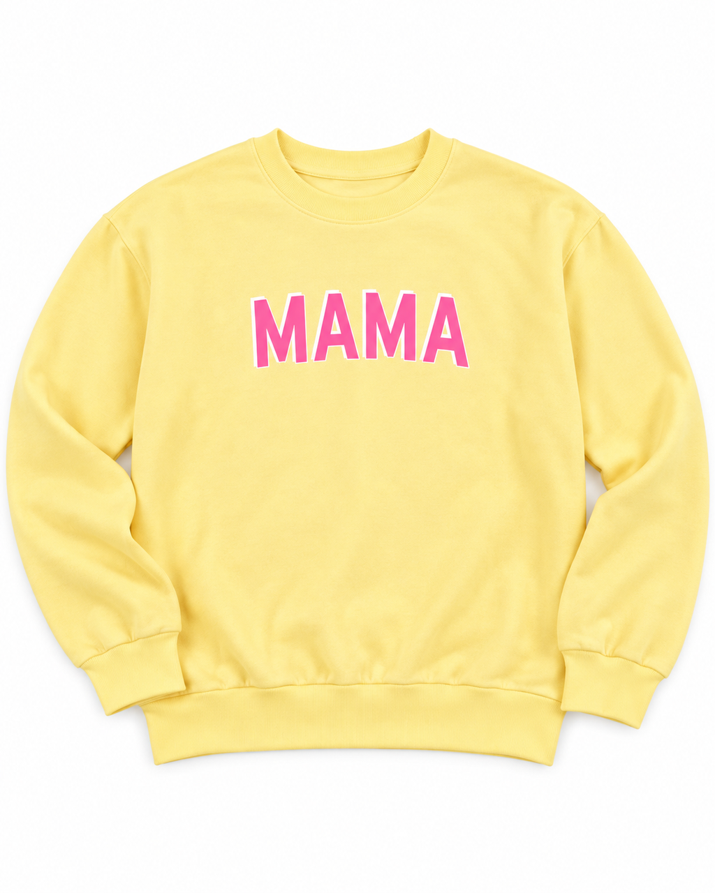 Front view of a yellow crewneck sweatshirt with pink MAMA lettering, long sleeves, and ribbed trim
