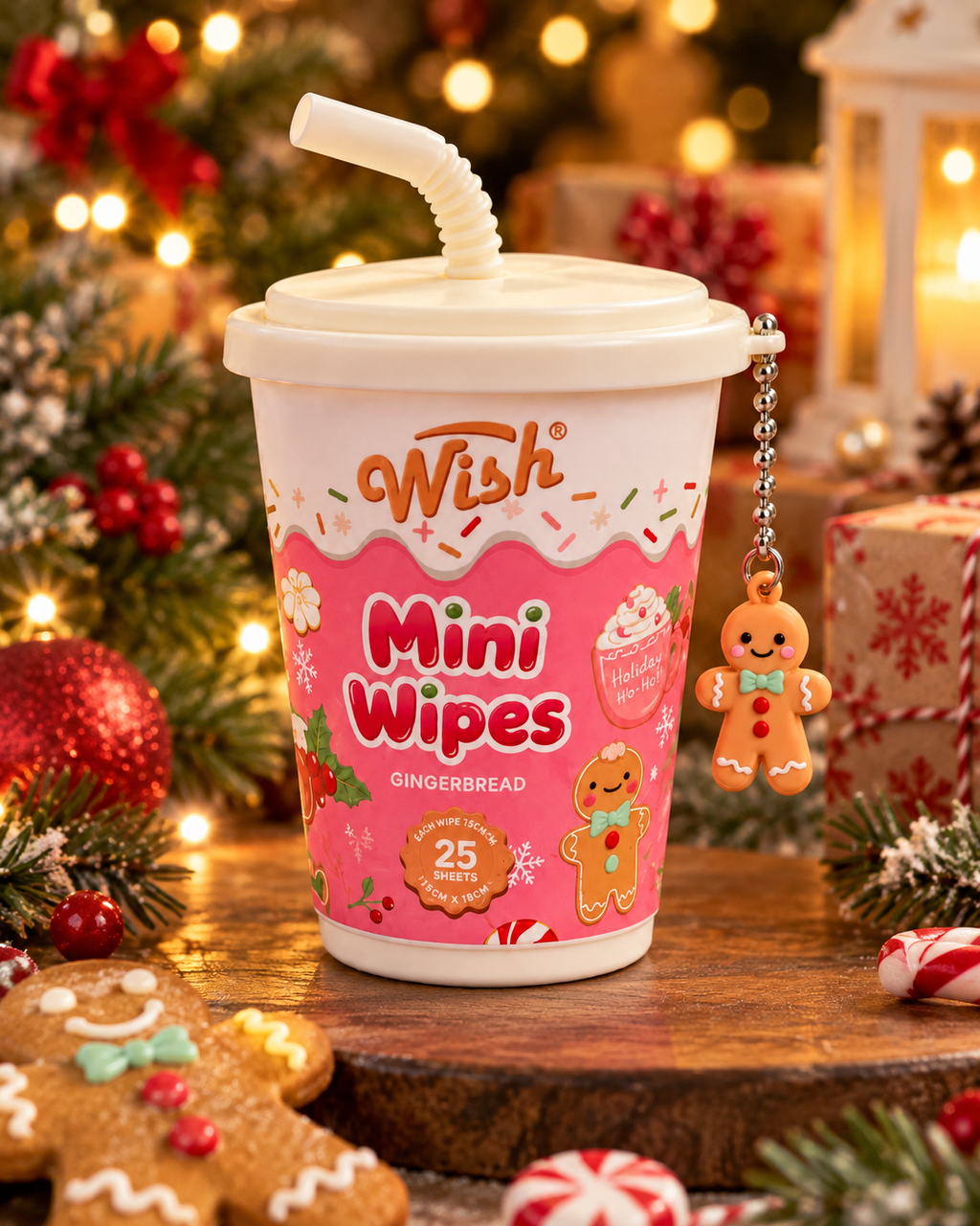 Gingerbread mini wipes in a pink cup displayed with wrapped Christmas gifts, gingerbread cookies, ornaments, and warm holiday lights

