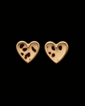 Leopard print heart stud earrings with polished gold-tone bezel trim shown as a pair front-facing on black background
