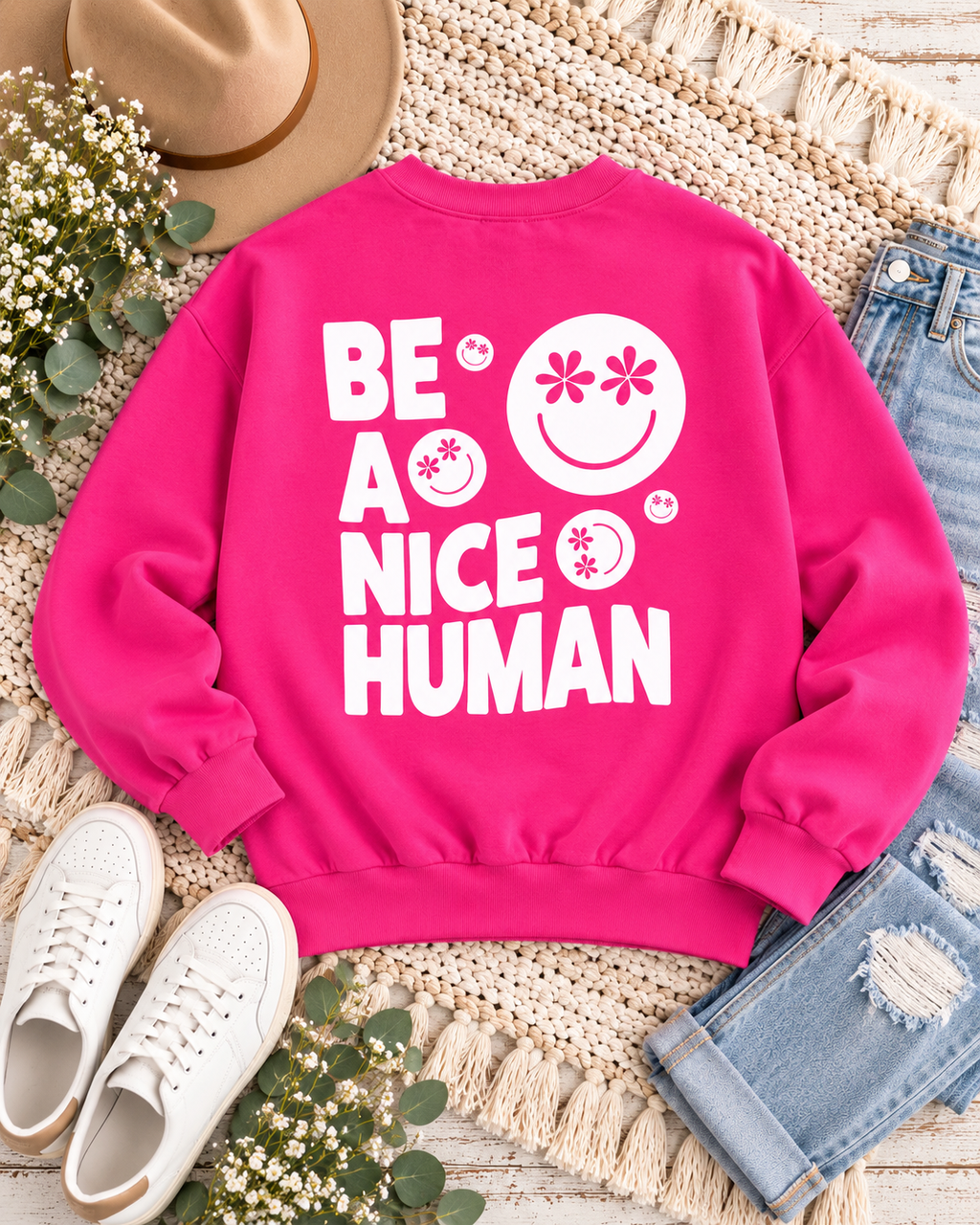 Back of the hot pink Be a Nice Human sweatshirt styled with jeans, white sneakers, a tan hat, flowers, and greenery
