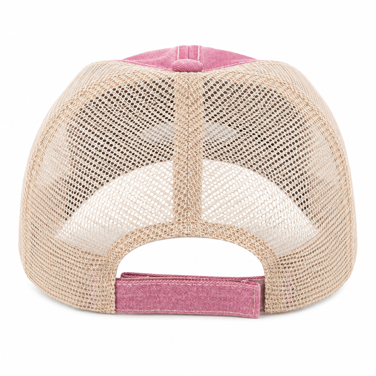Back view of a trucker-style baseball cap with a beige mesh back and pink fabric panels on the top and adjustable strap.