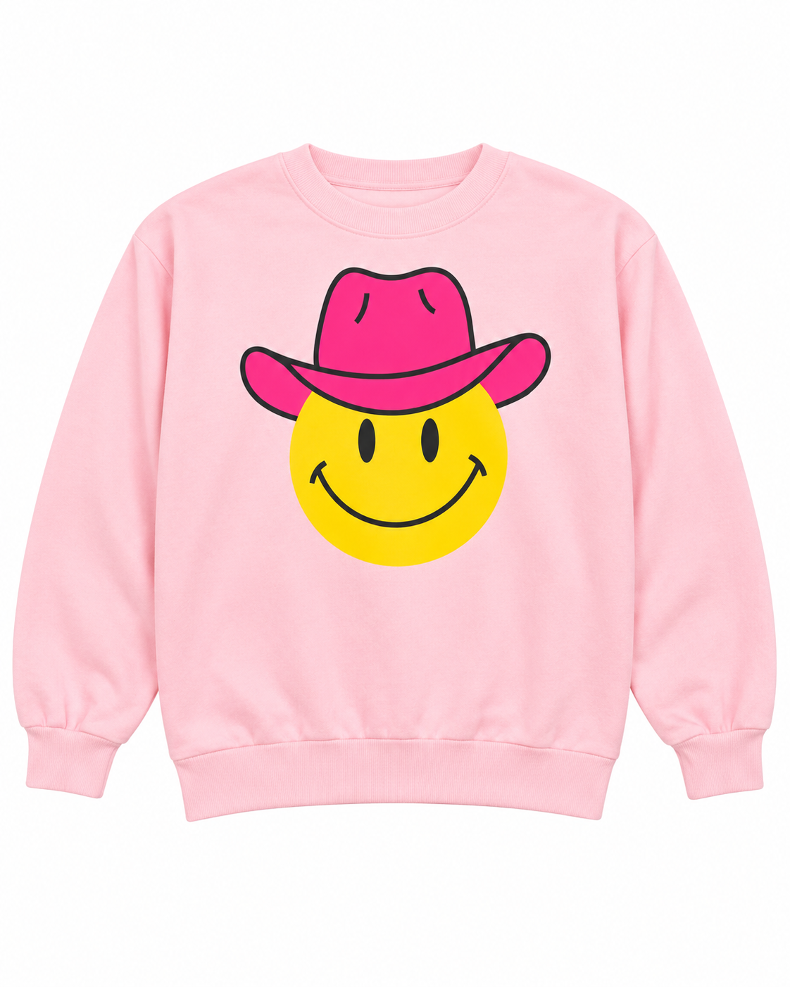 Front view of the light pink sweatshirt with a yellow smiley face wearing a hot pink cowboy hat outlined in black
