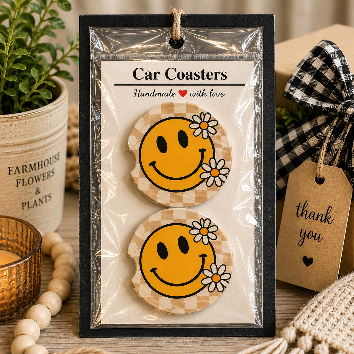 Smiley Face Daisy Car Coaster Set in handmade packaging — gift-ready ceramic coasters with smiley face daisy design, set of 2
