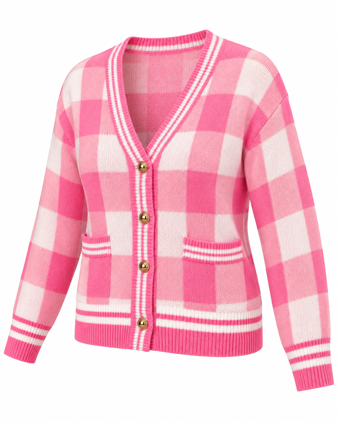 Pink Plaid Gold Button Knit Cardigan three-quarter angle view showing pink and white plaid pattern, V-neck with striped trim, gold dome buttons, front patch pockets, and striped ribbed hem and cuffs on white background
