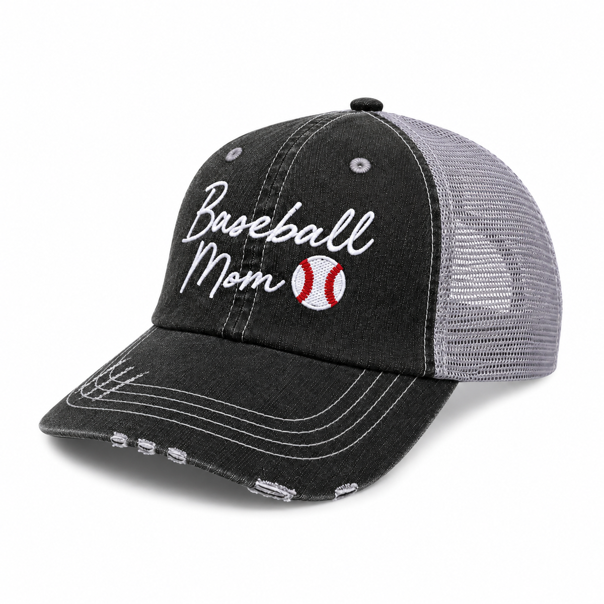 Side view of Baseball Mom Script trucker hat in distressed black with gray mesh back and white embroidered lettering, shown on a white background.
