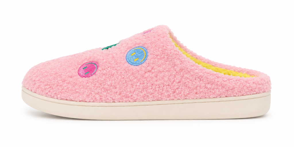 Side profile of one Pink Smiley Face Fuzzy Slipper showing pink fuzzy exterior, colorful embroidered smiley face accents, yellow interior lining, and cream rubber sole
