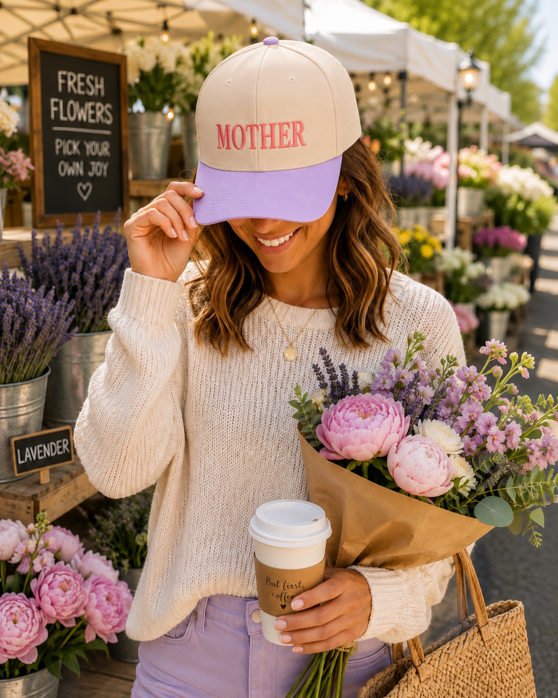 A smiling woman at an outdoor flower market tilts the brim of a khaki and lavender Mother Baseball Cap while holding a bouquet of pink peonies and a coffee cup.


