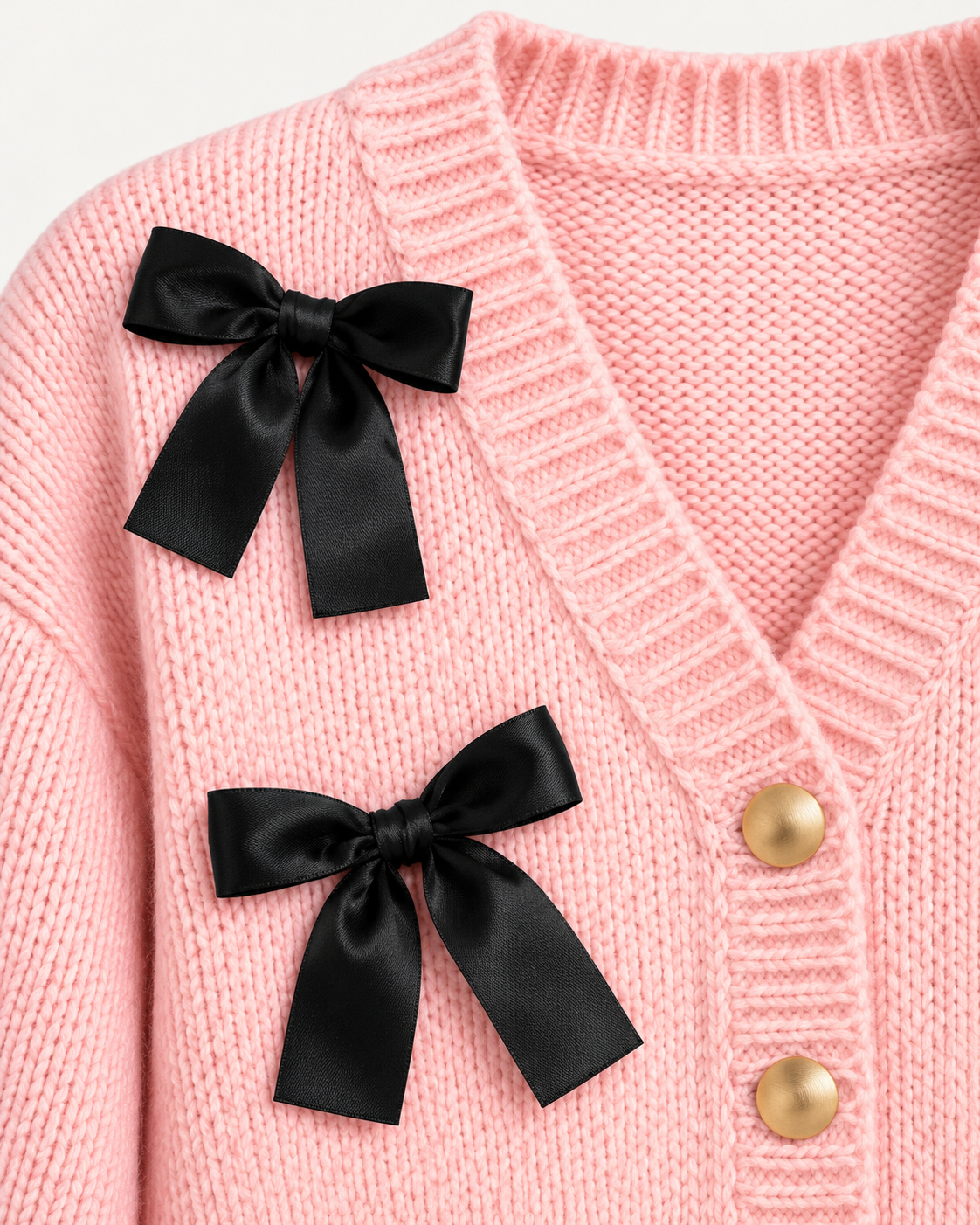Close-up of the pink knit cardigan showing black satin ribbon bows, ribbed V-neck trim, and gold-tone front buttons
