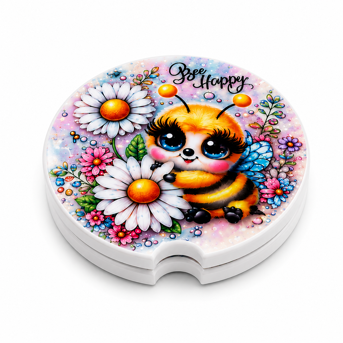 Bee Happy ceramic car coasters stacked showing thickness and finger notch cutout, set of 2
