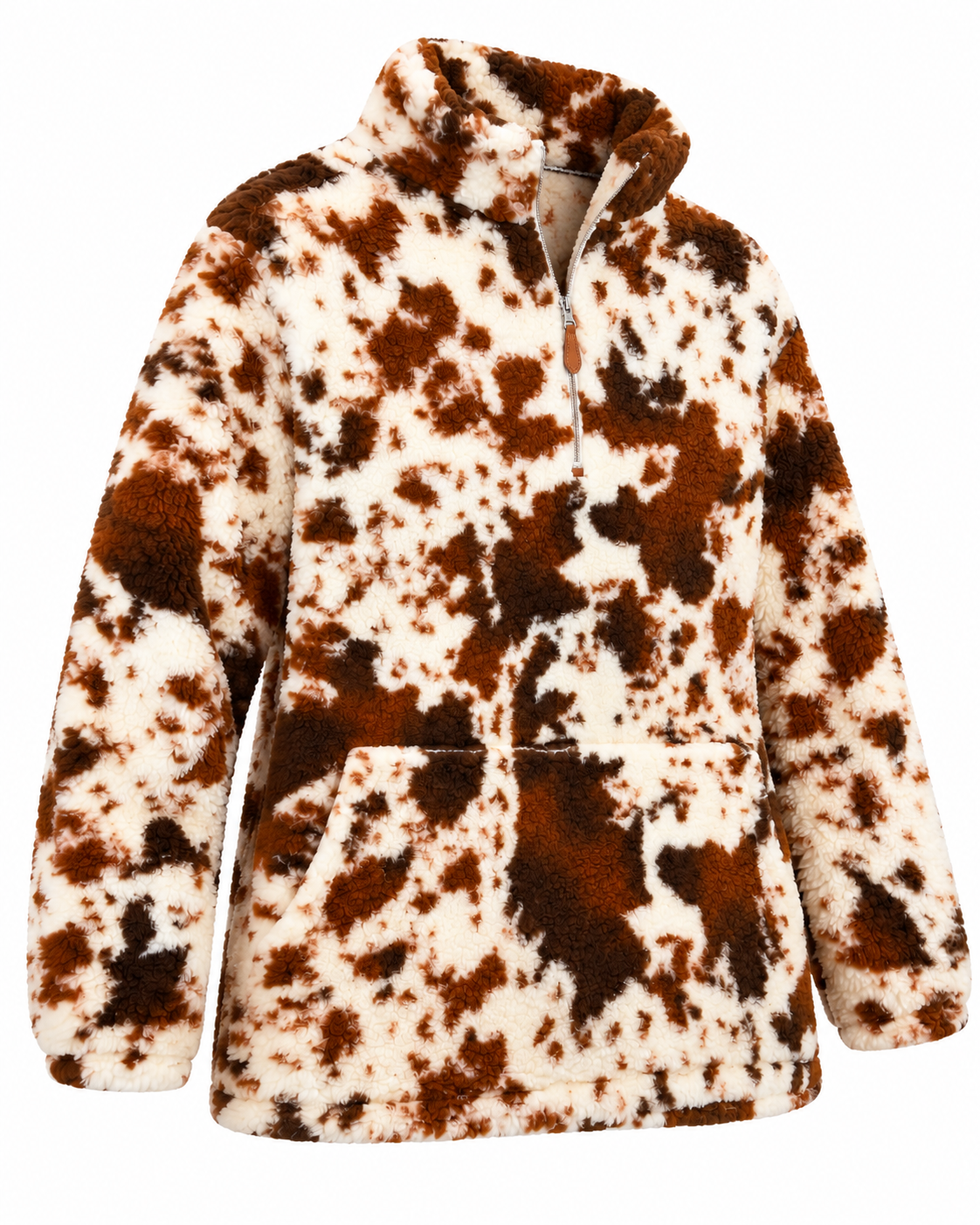 Angled front view of the cow print sherpa pullover showing its quarter-zip neckline, long sleeves, and front pocket with side openings
