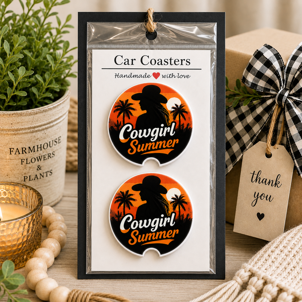 Cowgirl Summer Car Coaster Set in handmade packaging — gift-ready ceramic coasters with cowgirl silhouette and tropical sunset design in orange and black, set of 2
