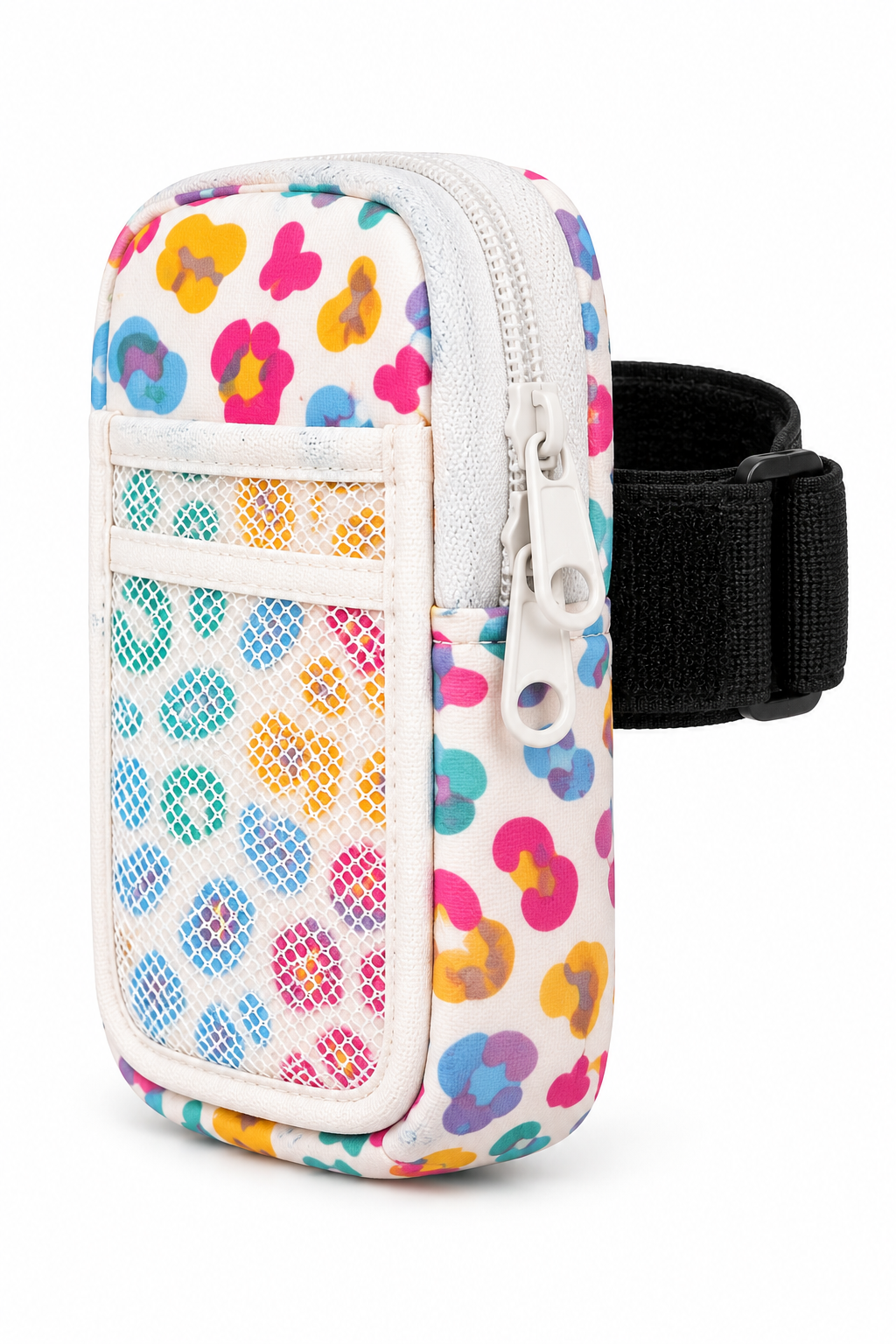 Multicolor Floral Tumbler Pouch three-quarter angle view showing white all-over multicolor retro floral print, white side zipper with white circle pull, front slip pocket, white mesh pocket, and black hook-and-loop elastic tumbler strap on white background
