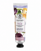 Château Propre Craft Ideas Black Plum & Vanilla Hand Cream in a 1 fl oz squeeze tube with a black cap, featuring dark plum and floral illustrations on a white background.
