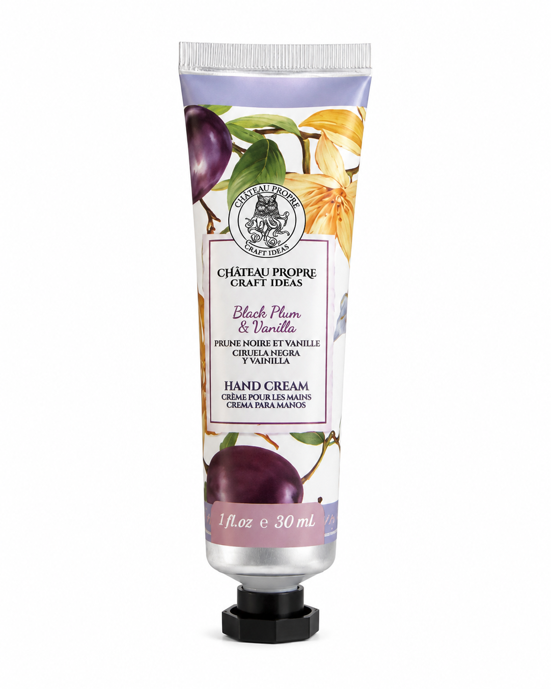 Château Propre Craft Ideas Black Plum & Vanilla Hand Cream in a 1 fl oz squeeze tube with a black cap, featuring dark plum and floral illustrations on a white background.
