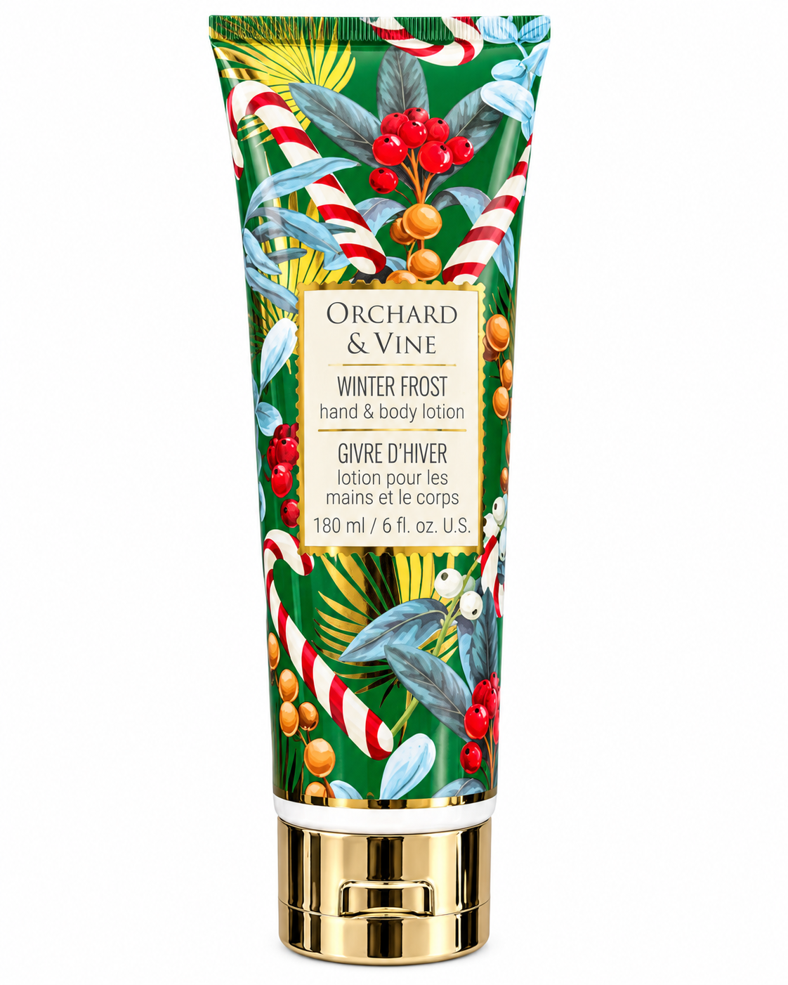 Front view of Orchard & Vine Winter Frost hand and body lotion, showing the green candy cane and berry packaging and 6 fl oz label

