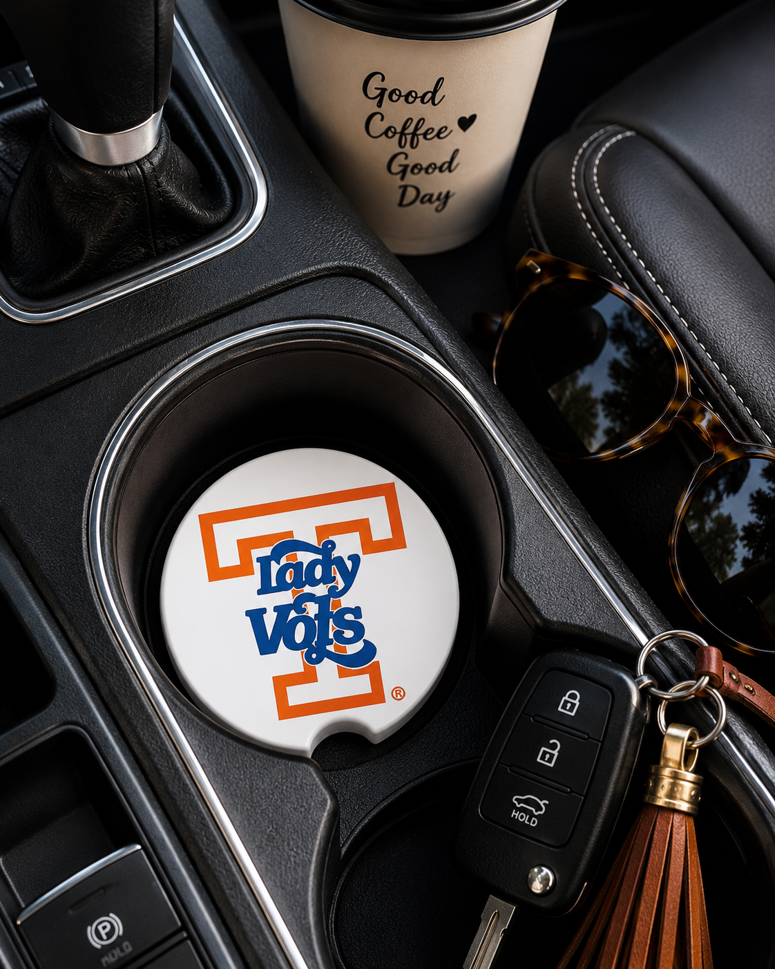 Tennessee Lady Vols ceramic car coaster in vehicle cup holder
