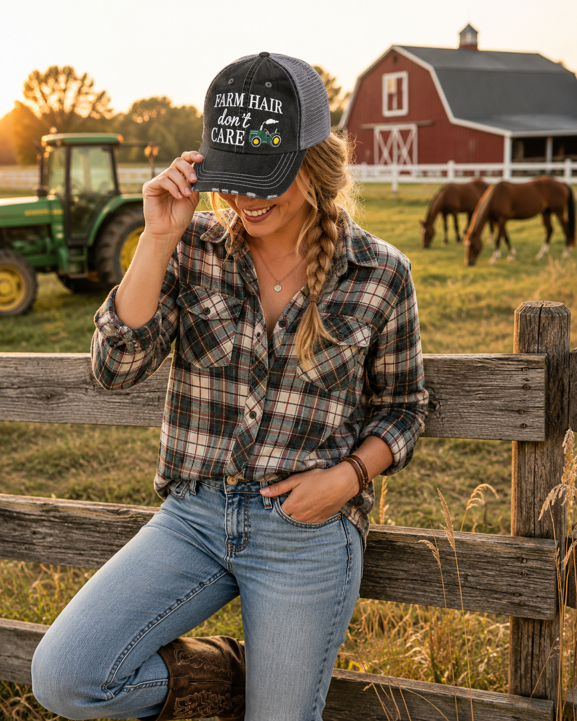 A woman sitting on a wooden fence in a rural farm setting at sunset, wearing a dark gray trucker hat with the text 'FARM HAIR don't CARE' and a small tractor graphic, a plaid button-up shirt, and light blue jeans. A red barn and horses are visible in the background.