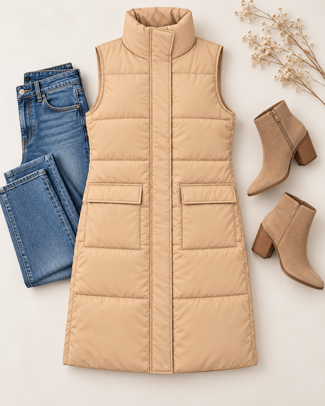 Tan long quilted puffer vest laid flat beside blue jeans and tan ankle boots, showing the stand collar, covered placket, and two front pockets
