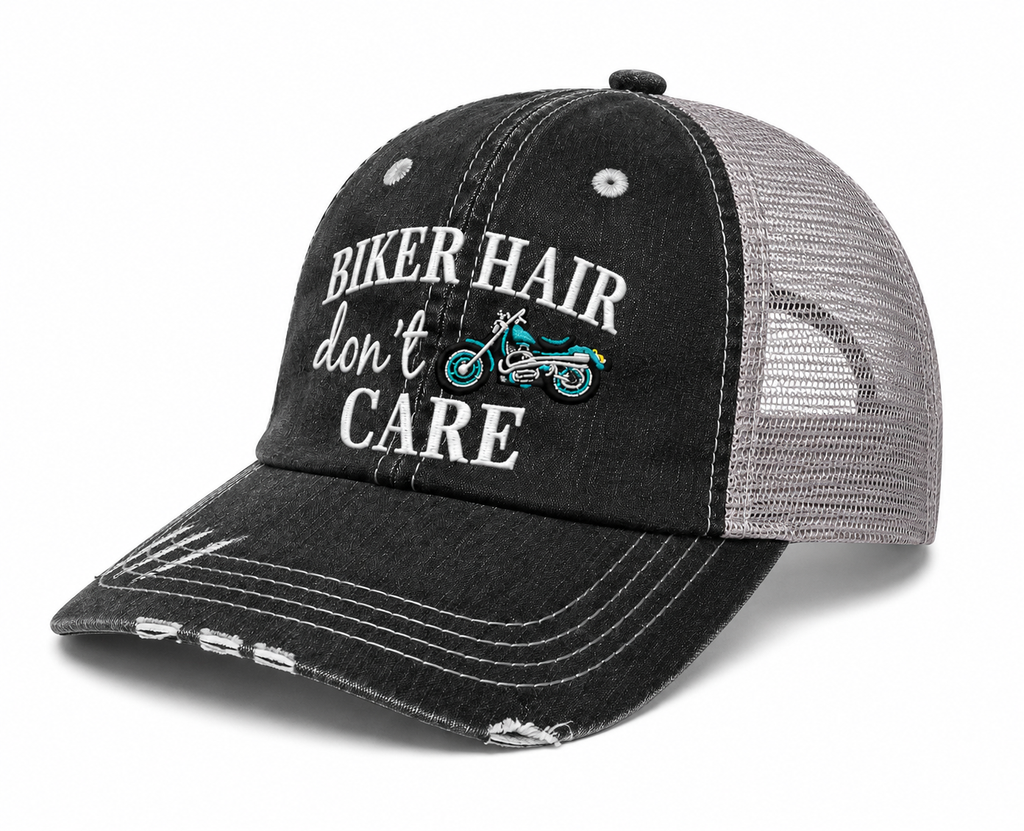Side view of Biker Hair Don’t Care trucker hat with distressed black front, motorcycle embroidery and gray mesh back