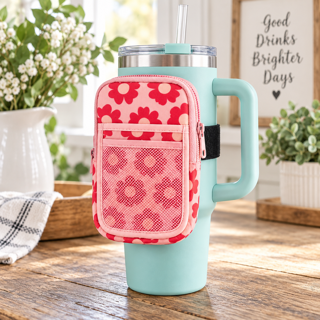 Pink Retro Floral Tumbler Pouch attached to teal tumbler handle with black elastic strap showing bold red retro daisy print, pink top zipper, slip pocket, and mesh pocket on rustic wood table beside white pitcher of flowers and Good Drinks Brighter Days sign

