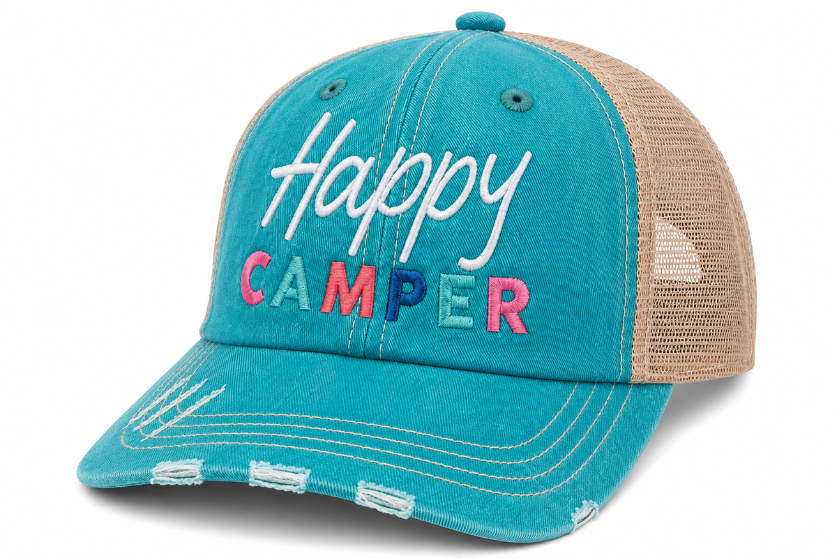 Side view of Happy Camper trucker hat in distressed teal with tan mesh back and multicolor embroidered lettering, shown on a white background.
