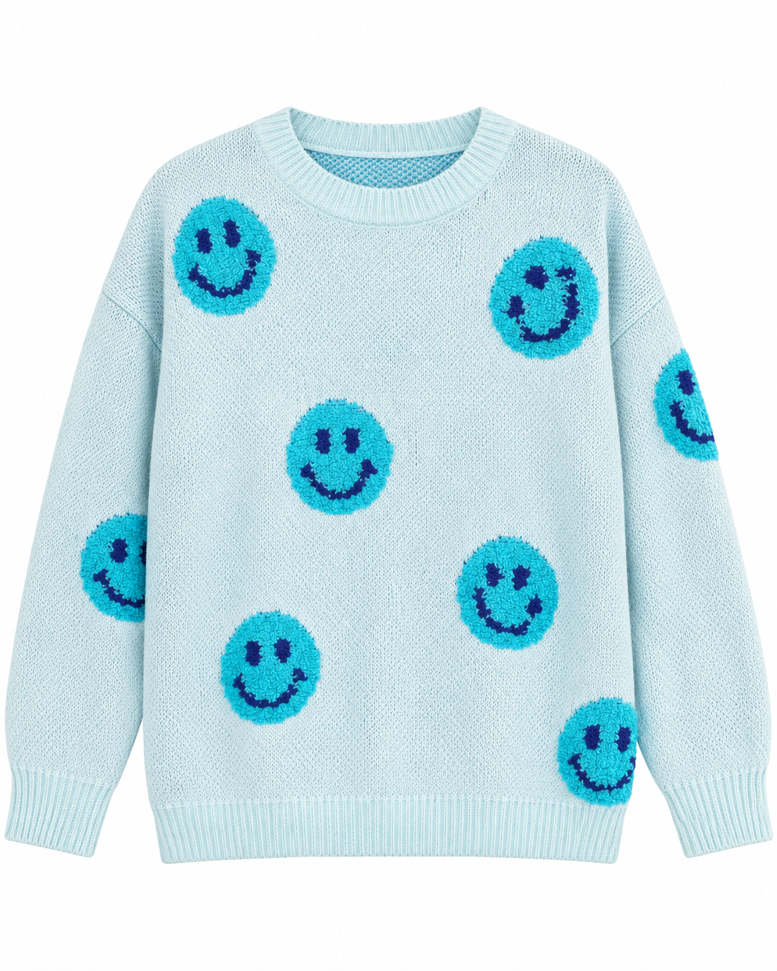 Front view of the light blue knit sweater with turquoise happy faces, dark blue eyes and smiles, and ribbed neckline, cuffs, and hem

