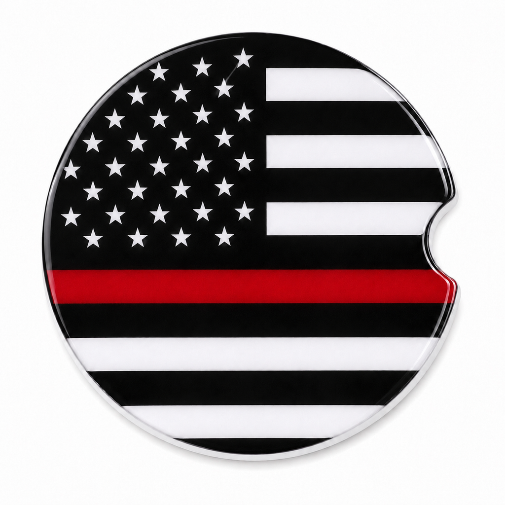 Close-up of Thin Red Line ceramic car coaster with black and white American flag and single red stripe honoring firefighters on white background
