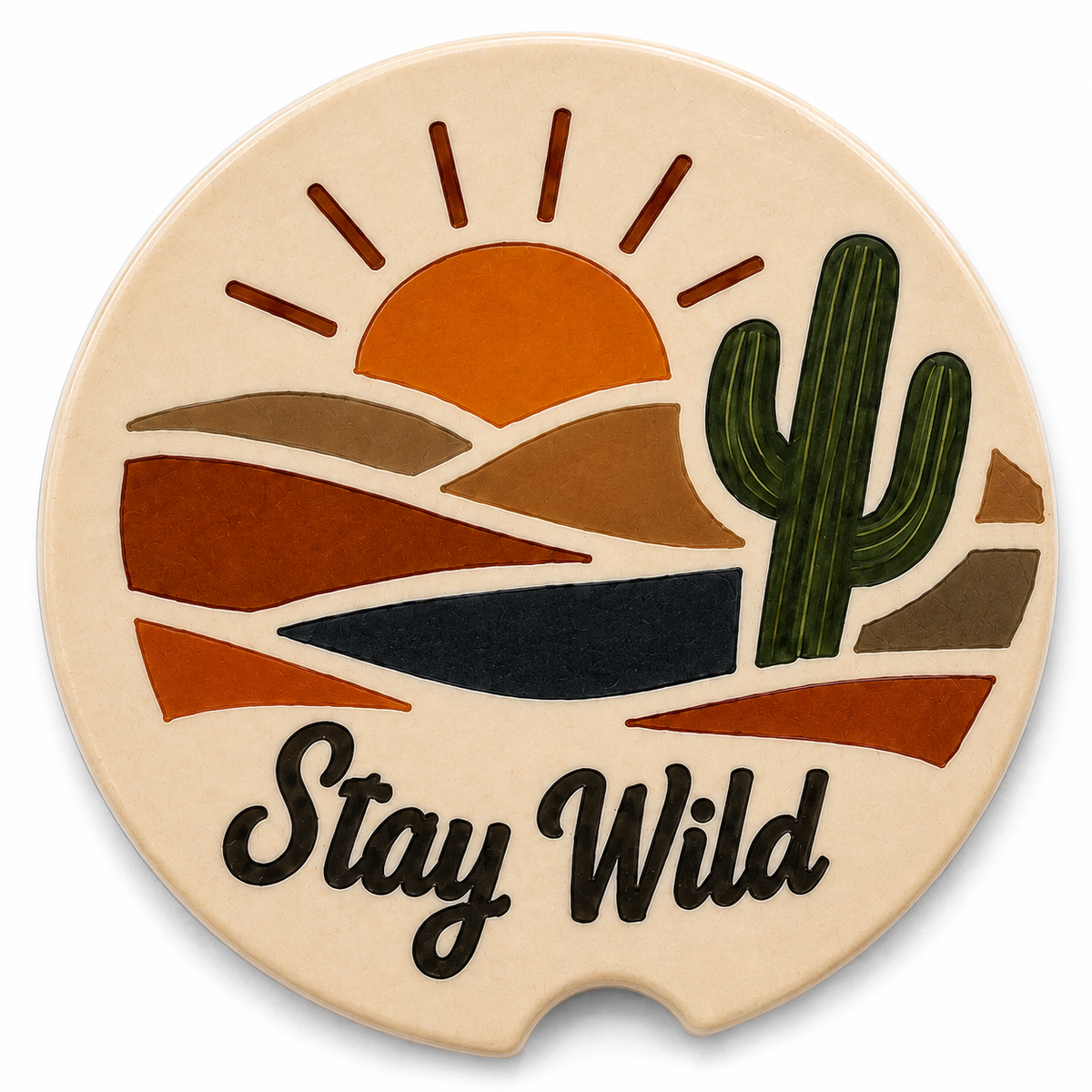Close-up of Stay Wild Car Coaster showing desert sunset, cactus, and layered canyon design with finger notch, on a white background.
