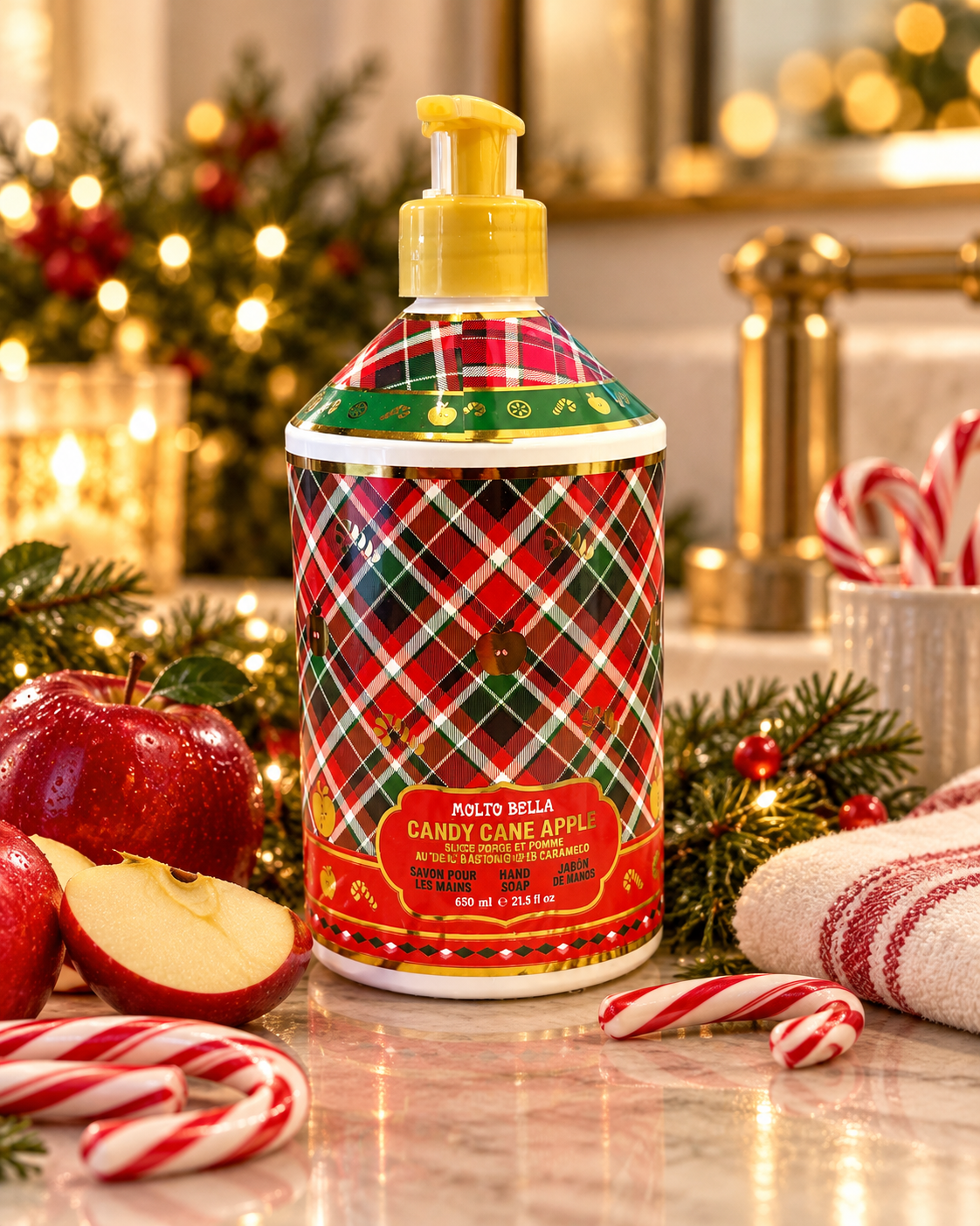 Molto Bella Candy Cane Apple hand soap styled beside a sink with apples, candy canes, a striped towel, and illuminated Christmas greenery
