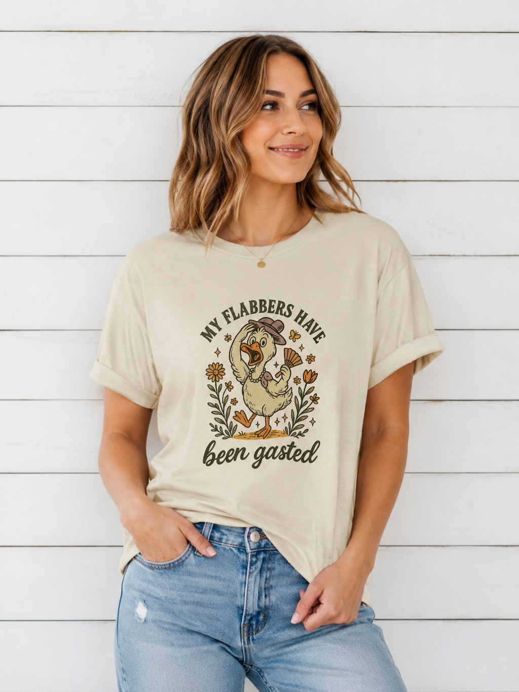 Woman wearing cream My Flabbers Have Been Gasted graphic tee