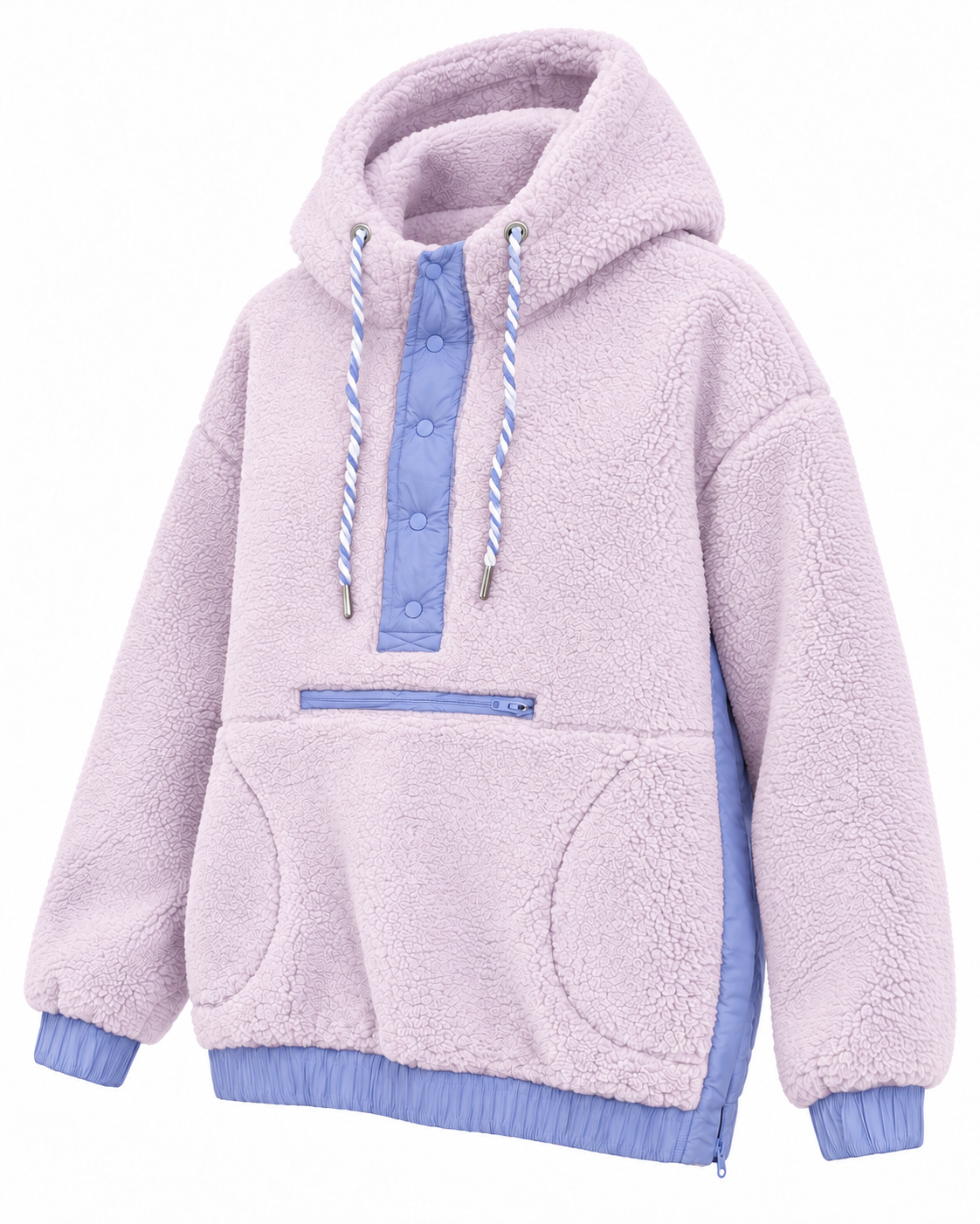 Angled view of the light purple sherpa pullover hoodie showing the hood, snap neckline, front pockets, and periwinkle blue side panel
