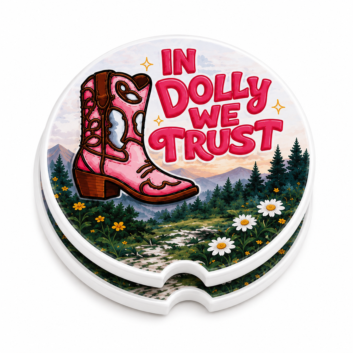 Both In Dolly We Trust car coasters showing front design and cork backing
