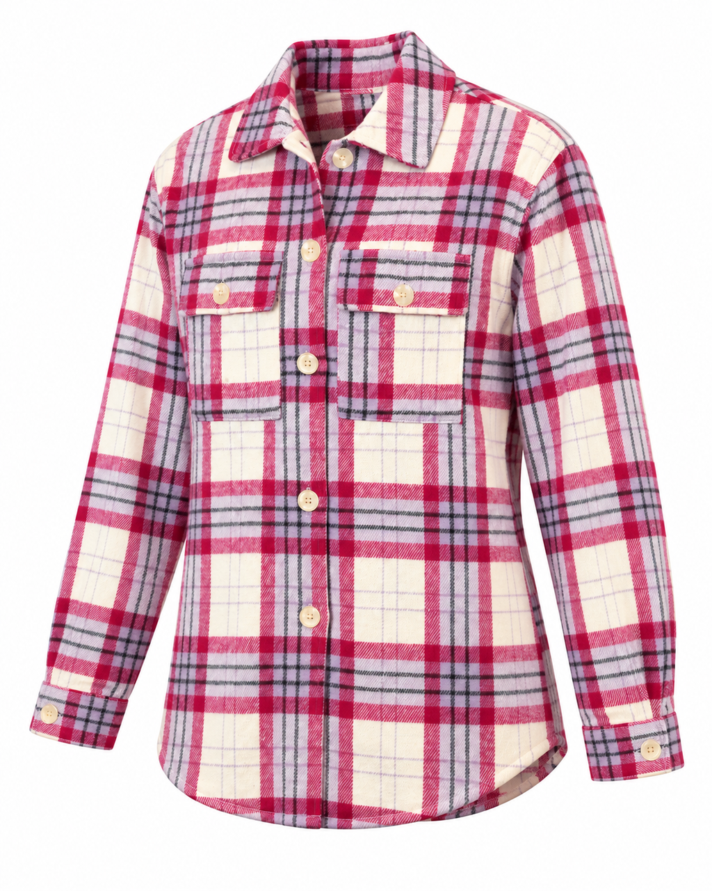 Angled front view of the raspberry cream plaid shacket showing its shirt collar, button front, chest pockets, and button cuffs
