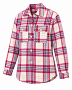 Angled front view of the raspberry cream plaid shacket showing its shirt collar, button front, chest pockets, and button cuffs
