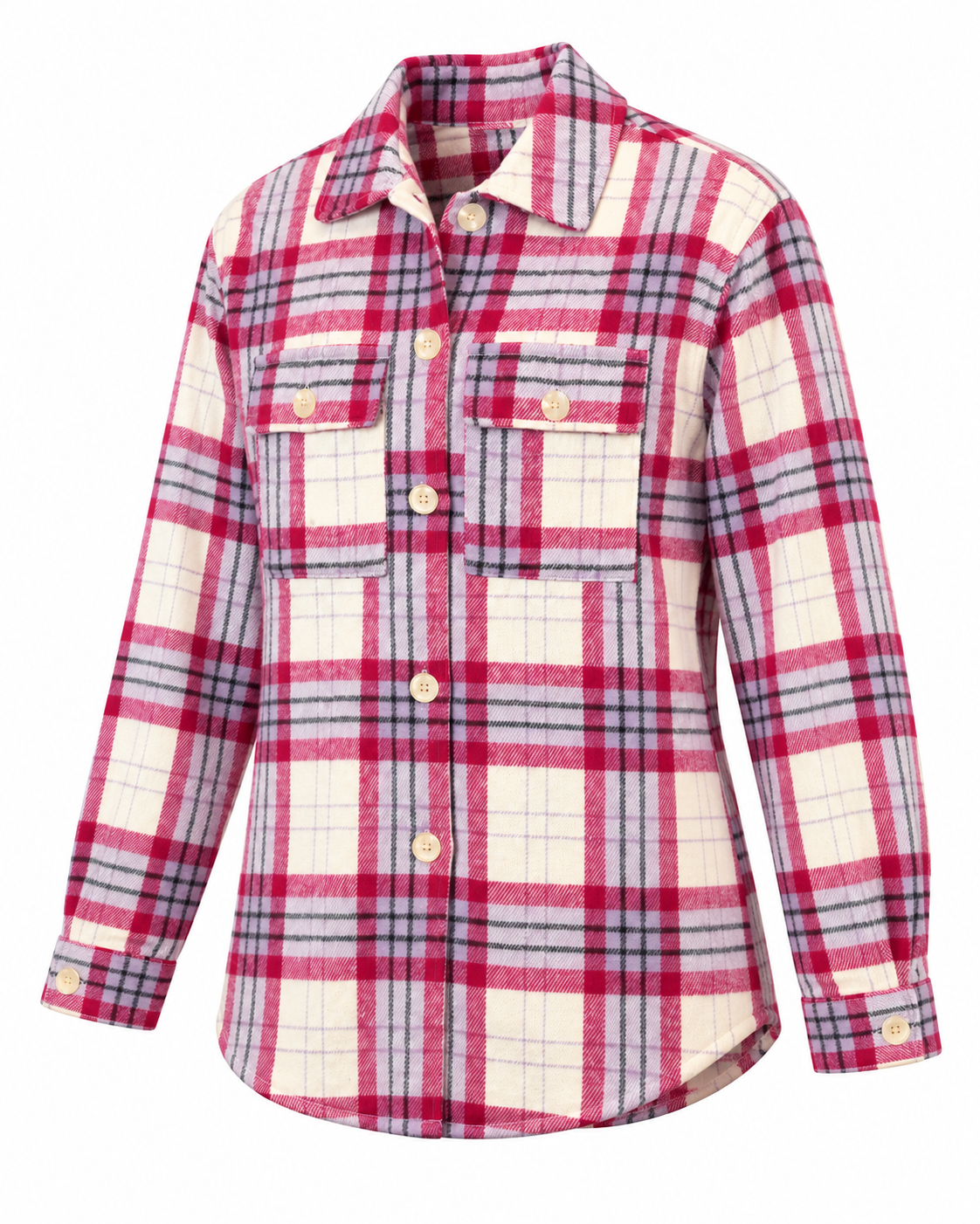 Angled front view of the raspberry cream plaid shacket showing its shirt collar, button front, chest pockets, and button cuffs
