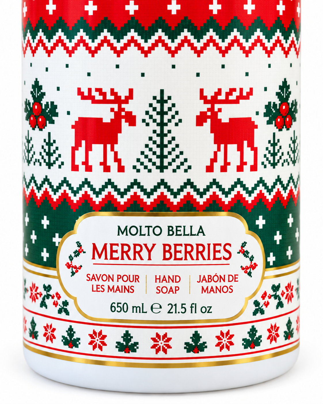 Close-up of the Merry Berries hand soap label showing 650 mL and 21.5 fl oz beneath red reindeer, green Christmas trees, and holly motifs
