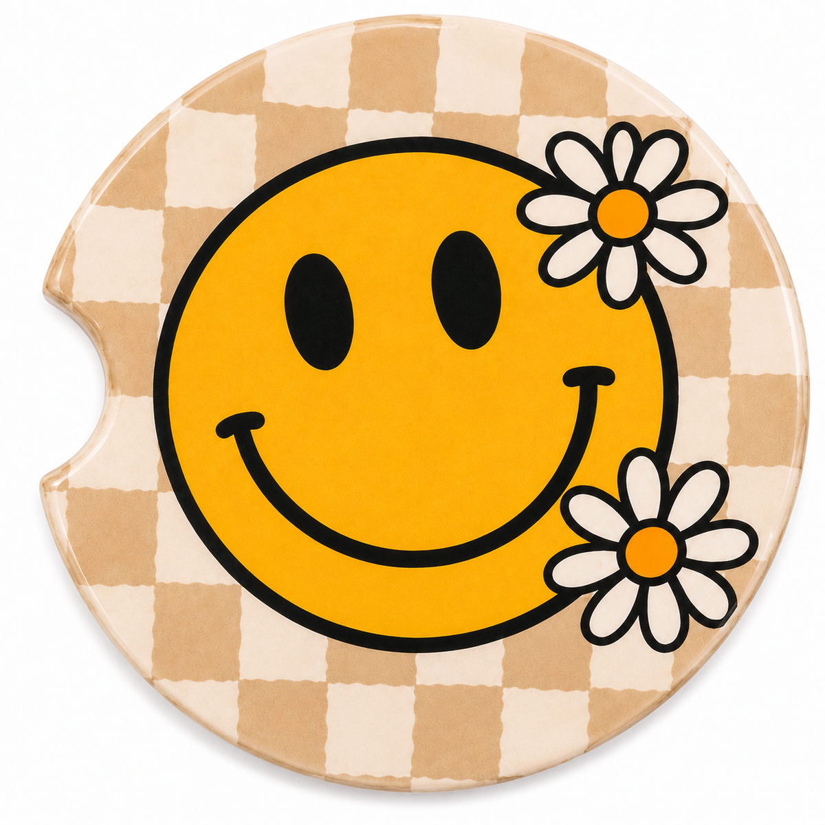 Close-up of Smiley Face Daisy Car Coaster showing retro yellow smiley face with white daisy accents on a tan checkered background, with finger notch, on a white background.

