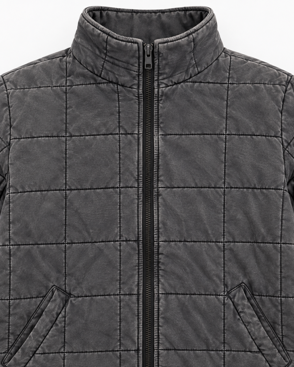 Close-up of Charcoal Garment Washed Quilted Jacket showing stand-up collar, black zipper pull, and charcoal washed quilted grid stitching detail on white background
