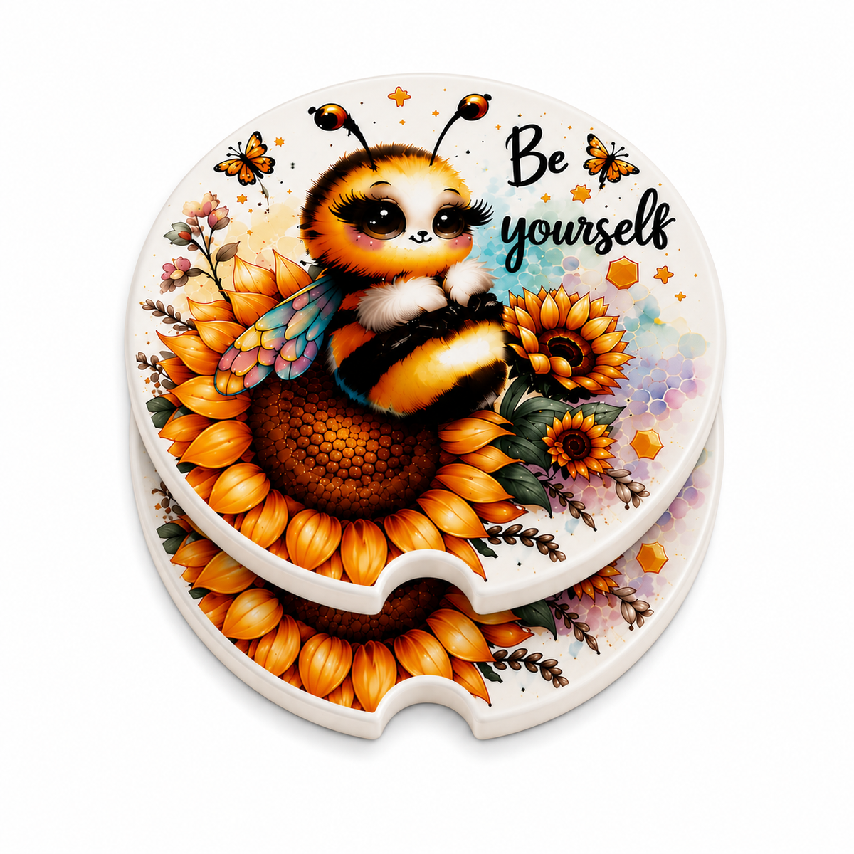 Be Yourself ceramic car coasters stacked showing thickness and finger notch cutout, set of 2
